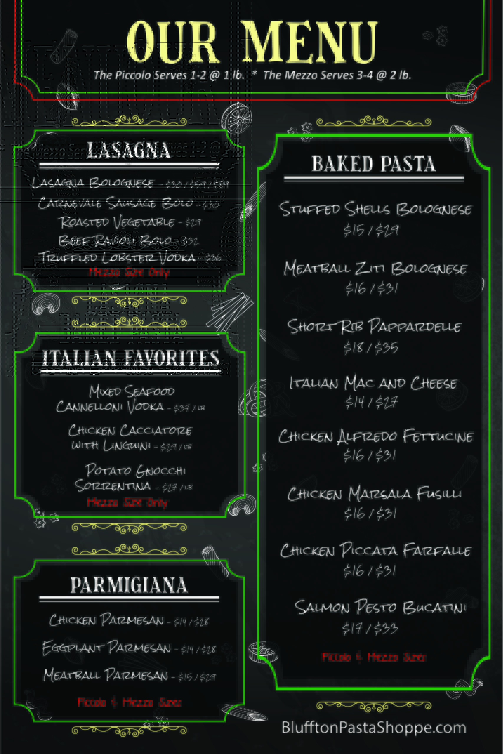 Bluffton Pasta Shoppe Menu 2026